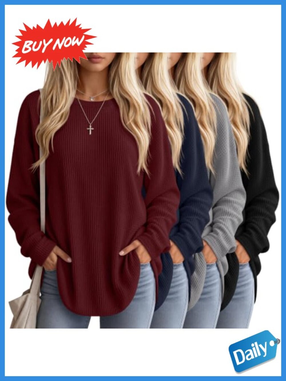 Womens Oversized Waffle Knit Long Sleeve Sweatshirt 4 Pack Crewneck Pullover